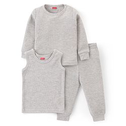 Babyhug Full Sleeves Solid Colour Thermal  T-Shirt & Pant Set with Vest - Light Grey
