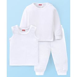 Babyhug Solid Colour Full Sleeve & Sleeveless Thermal Vests & Pant Set - Off White