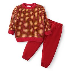 Babyhug Knit Full Sleeves Sweater Set with Aztec Design -Rust Red