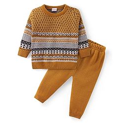 Babyhug Knit Full Sleeves Sweater Set with Aztec Design- Mustard