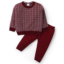 Babyhug Knitted Full Sleeves Sweater & Pant Set with Diamond Design - Red