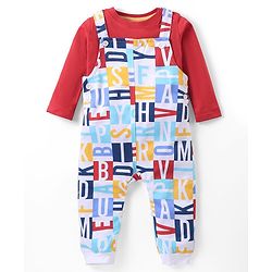 Babyhug Cotton Knit Full Sleeves T-Shirt & Dungaree Set with Alphabet Print -Red & White
