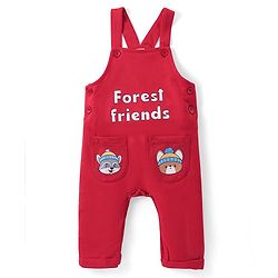 Babyhug Cotton Knit Full Sleeves T-Shirt & Dungaree Set with Bear Print - Red & Blue
