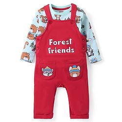 Babyhug Cotton Knit Full Sleeves T-Shirt & Dungaree Set with Bear Print - Red & Blue