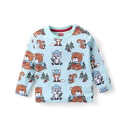 Babyhug Cotton Knit Full Sleeves T-Shirt & Dungaree Set with Bear Print - Red & Blue