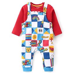 Babyhug Single Jersey Knit Block Printed  Dungaree with Full Sleeves T-Shirt Text Print - Multicolor