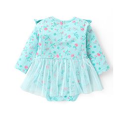 Babyhug 100% Cotton Knit Full Sleeves Frock Style Onesie with Floral Print - Blue
