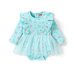 Babyhug 100% Cotton Knit Full Sleeves Frock Style Onesie with Floral Print - Blue