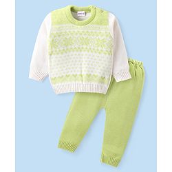 Babyhug Knitted Full Sleeves Sweater Set with Floral Design - Lime Green