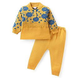 Babyhug Knitted Full Sleeves Sweater Set with Floral Design - Yellow