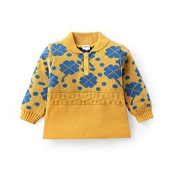 Babyhug Knitted Full Sleeves Sweater Set with Floral Design - Yellow