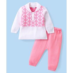 Babyhug Knitted Full Sleeves Collar Neck Sweater Set With Aztec Design - Pink