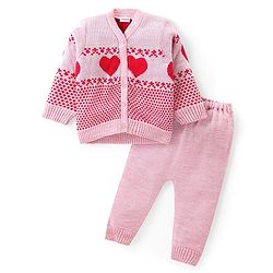 Babyhug Knitted Full Sleeves Front Open Sweater Set with Heart Design - Multicolour