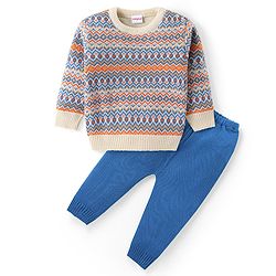 Babyhug Knit Full Sleeves Pullover Sweater Intarsia Design - Blue & Orange