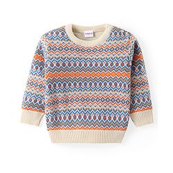 Babyhug Knit Full Sleeves Pullover Sweater Intarsia Design - Blue & Orange