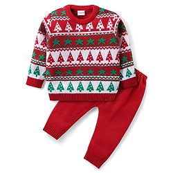 Babyhug Knit Full Sleeves Sweater Set with Christmas Theme Design - Red
