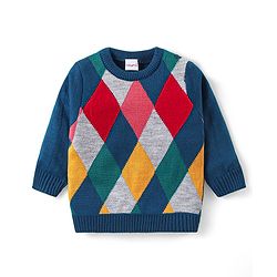 Babyhug Knitted Full Sleeves Sweater Set  with Argyle Design - Navy Blue & Grey