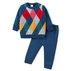 Babyhug Knitted Full Sleeves Sweater Set  with Argyle Design - Navy Blue & Grey