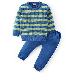 Babyhug Knitted Full Sleeves Striped Sweater Set - Blue & Lime