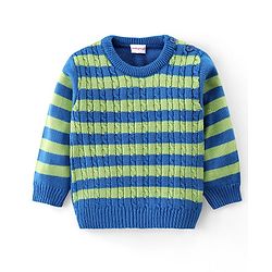 Babyhug Knitted Full Sleeves Striped Sweater Set - Blue & Lime