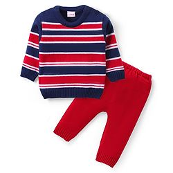 Babyhug Knit Full Sleeves Sweater & Pant Set Stripe Design - Red & Navy Blue