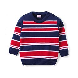 Babyhug Knit Full Sleeves Sweater & Pant Set Stripe Design - Red & Navy Blue