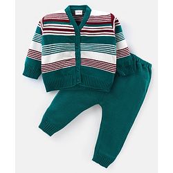 Babyhug Knitted Full Sleeves Striped Sweater Set - Green