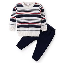 Babyhug Knit Full Sleeves Sweater & Pant Set Stripe Design - White & Navy Blue
