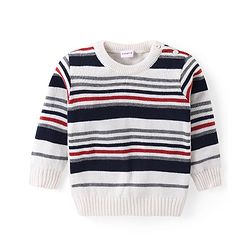 Babyhug Knit Full Sleeves Sweater & Pant Set Stripe Design - White & Navy Blue