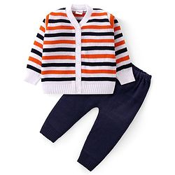 Babyhug Knit Full Sleeves Front Open Sweater Set with Stripes - Navy Blue & Orange