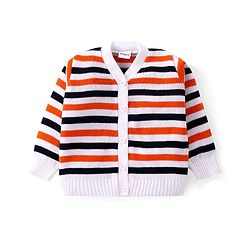 Babyhug Knit Full Sleeves Front Open Sweater Set with Stripes - Navy Blue & Orange