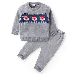 Babyhug Knit Full Sleeves Sweater & Pant Set Santa Claus Design - Grey & Rust