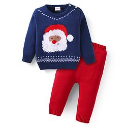 Babyhug Knitted Full Sleeves Santa Designed Pullover Sweater Set - Navy Blue