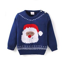 Babyhug Knitted Full Sleeves Santa Designed Pullover Sweater Set - Navy Blue