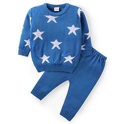 Babyhug Knit Full Sleeves Sweater & Pant Set Star Design - Blue