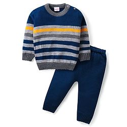 Babyhug Knit Full Sleeves Sweater & Pant Set Stripe Design -Navy Blue Yellow & Grey