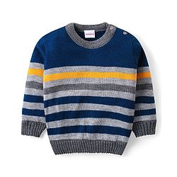 Babyhug Knit Full Sleeves Sweater & Pant Set Stripe Design -Navy Blue Yellow & Grey
