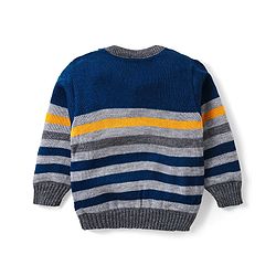 Babyhug Knit Full Sleeves Sweater & Pant Set Stripe Design -Navy Blue Yellow & Grey