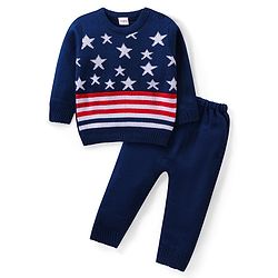 Babyhug Knit Full Sleeves Sweater & Pant Set Stripe & Star Design -Navy Blue