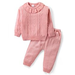 Babyhug Knitted Full Sleeves Pullover Sweater & Pant Set with Cable Knit & Heart Design - Pink