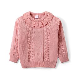 Babyhug Knitted Full Sleeves Pullover Sweater & Pant Set with Cable Knit & Heart Design - Pink
