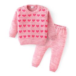 Babyhug Knit Full Sleeves Sweater Set with Heart Design -Pink