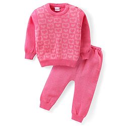 Babyhug Knit Full Sleeves Sweater & Pant Set Heart Design - Pink