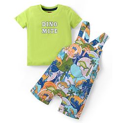 Babyhug Cotton Knit Half Sleeves T-Shirt & Dungaree Set with Dino Print - Multicolour