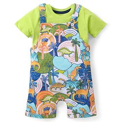 Babyhug Cotton Knit Half Sleeves T-Shirt & Dungaree Set with Dino Print - Multicolour