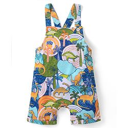 Babyhug Cotton Knit Half Sleeves T-Shirt & Dungaree Set with Dino Print - Multicolour