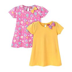 Babyhug Single Jersey Knit Half Sleeves Frocks With Bow Applique & Floral Print Pack Of 2 - Pink & Yellow