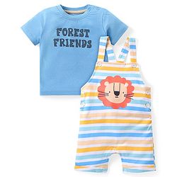 Babyhug Cotton Knit Half Sleeves T-Shirt & Striped Dungaree Set with Tiger Print - Multicolour