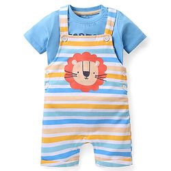 Babyhug Cotton Knit Half Sleeves T-Shirt & Striped Dungaree Set with Tiger Print - Multicolour