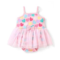 Babyhug 100% Cotton Knit Sleeveless Frock Style Onesie with Bow Applique & Heart Print - Pink